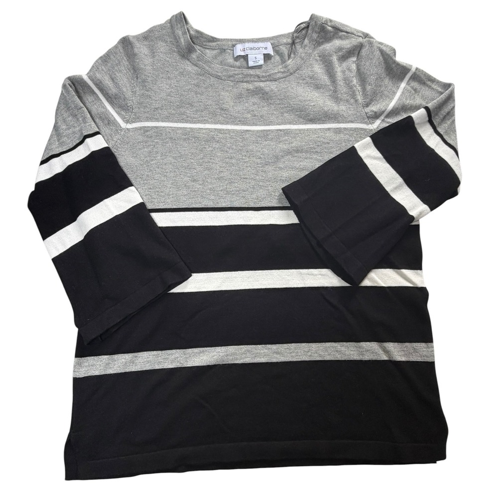 Liz Claiborne Womens Grey‎ Black White Striped 3/4 Sleeve Knit Sweater Size S